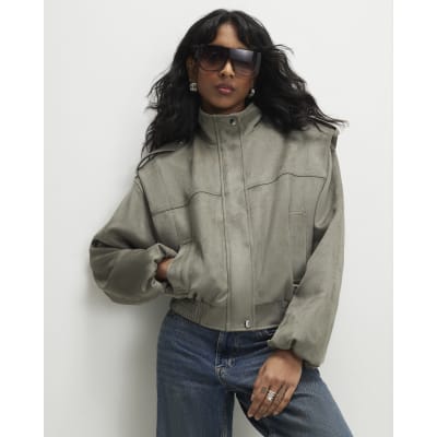 Khaki Faux Suede Shoulder Detail Jacket