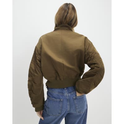 Khaki Funnel Neck Bomber Jacket