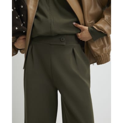 Khaki Jersey Tailored Wide Leg Trousers
