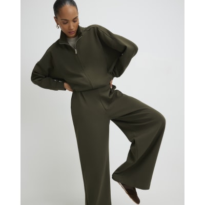 Khaki Jersey Tailored Wide Leg Trousers
