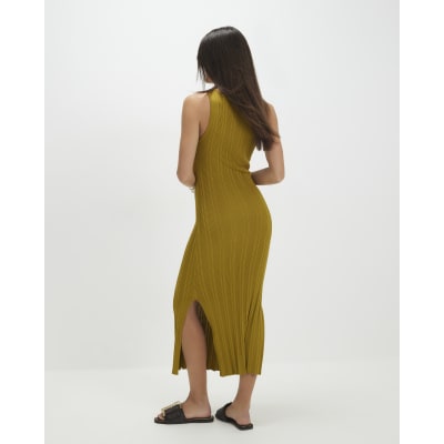 Khaki Knitted Racer Neck Ribbed Midi Dress