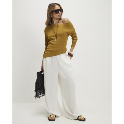 Khaki Linen Blend Knit Asymmetric Jumper