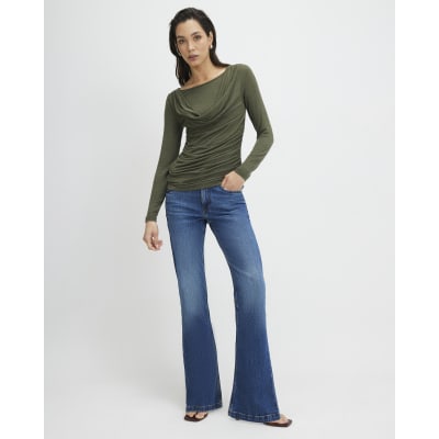 Khaki Long Sleeve Drape Layered Top