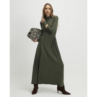 Khaki Long Sleeve Gathered Waist Maxi Dress