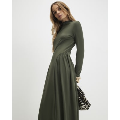 Khaki Long Sleeve Gathered Waist Maxi Dress
