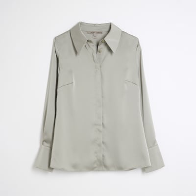Khaki Long Sleeve Satin Slimline Shirt