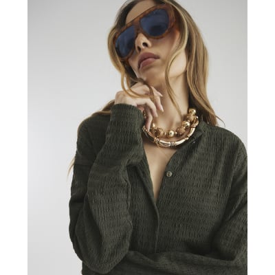 Khaki Long Sleeve Textured Cardigan