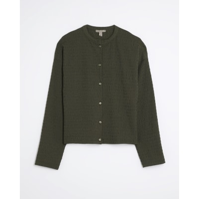 Khaki Long Sleeve Textured Cardigan