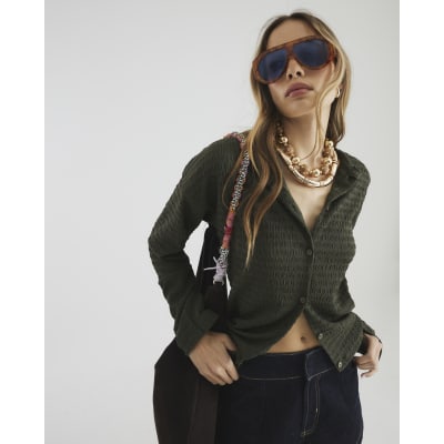 Khaki Long Sleeve Textured Cardigan