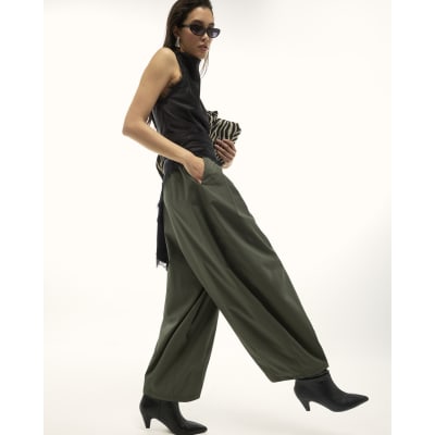 Khaki Poplin Barrel Leg Trousers