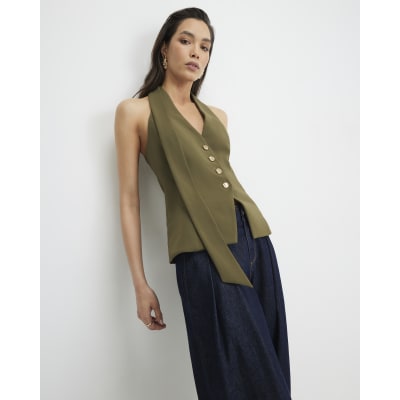 Khaki Scarf Neck Waistcoat