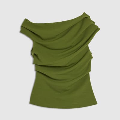 Khaki Short Sleeve Drape Off Shoulder Top