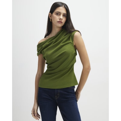 Khaki Short Sleeve Drape Off Shoulder Top