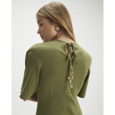 Khaki Short Sleeve Tie Back Seamed Top