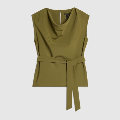 Khaki Short Sleeve Tie Waist Tailored Top