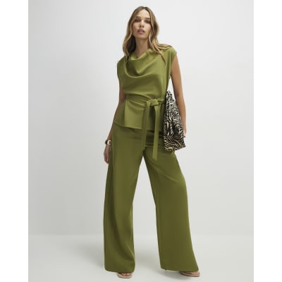 Khaki Short Sleeve Tie Waist Tailored Top