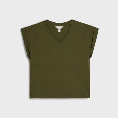 Khaki Short Sleeve V Neck Top