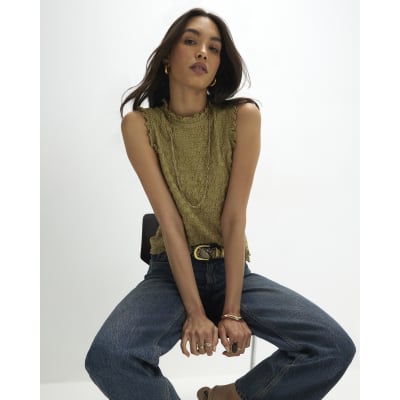 Khaki Sleeveless Lettuce Trim Textured Top