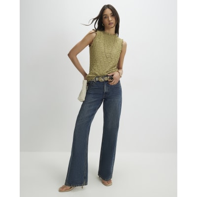 Khaki Sleeveless Lettuce Trim Textured Top