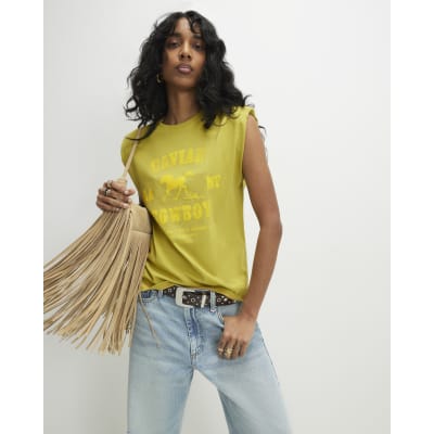 Khaki Sleeveless Shoulder Pad Rodeo T-Shirt