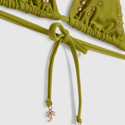Khaki Studded Triangle Bikini Top