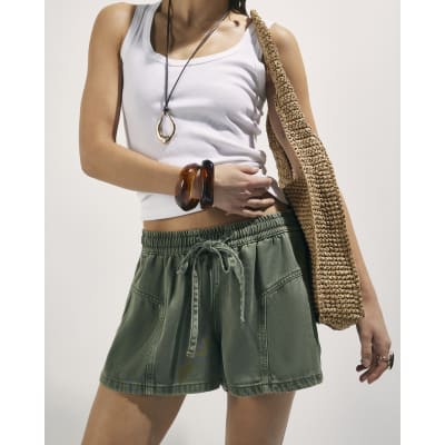 Khaki Tie Waist Denim Shorts