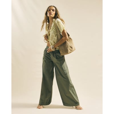 Khaki Wide Leg Cargo Trousers