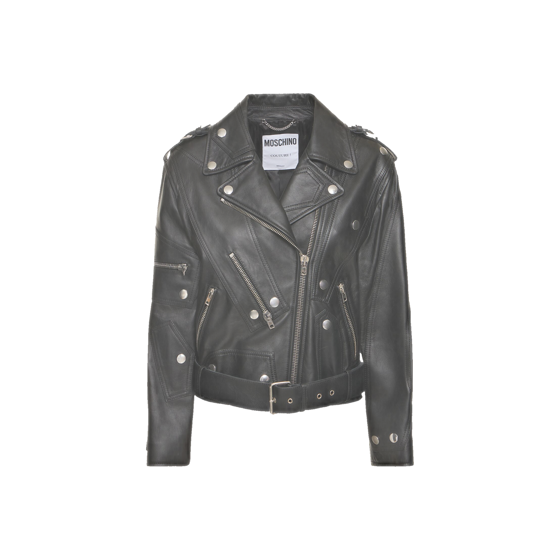 Moschino Leather belted jacket w/ zip details