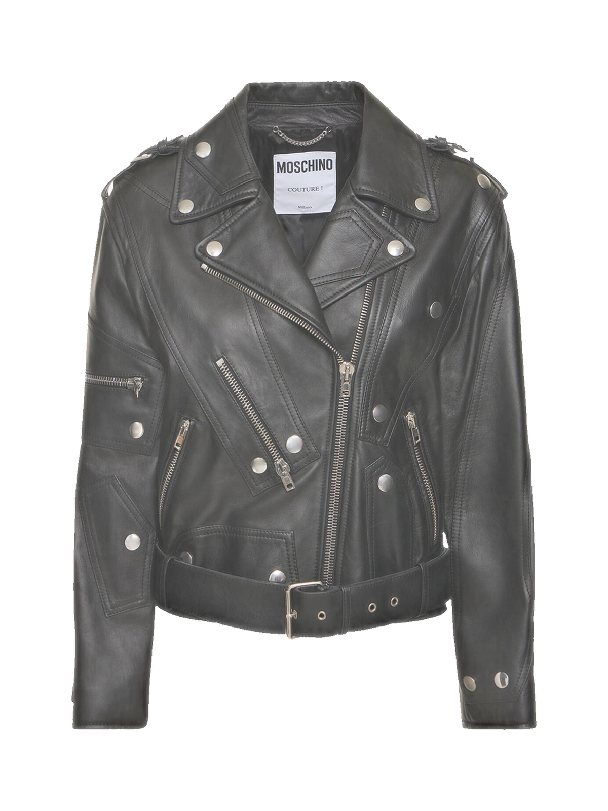 Moschino Leather belted jacket w/ zip details