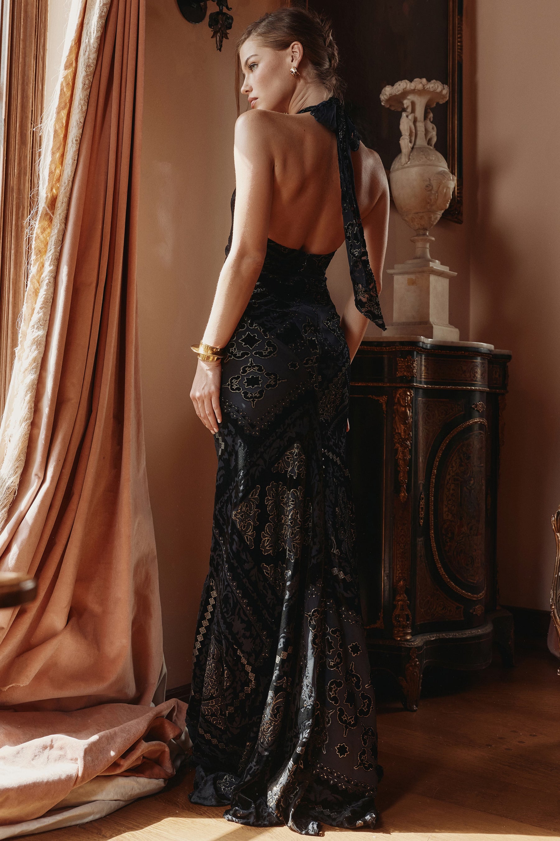 Oliviana black & gold devore velvet maxi gown