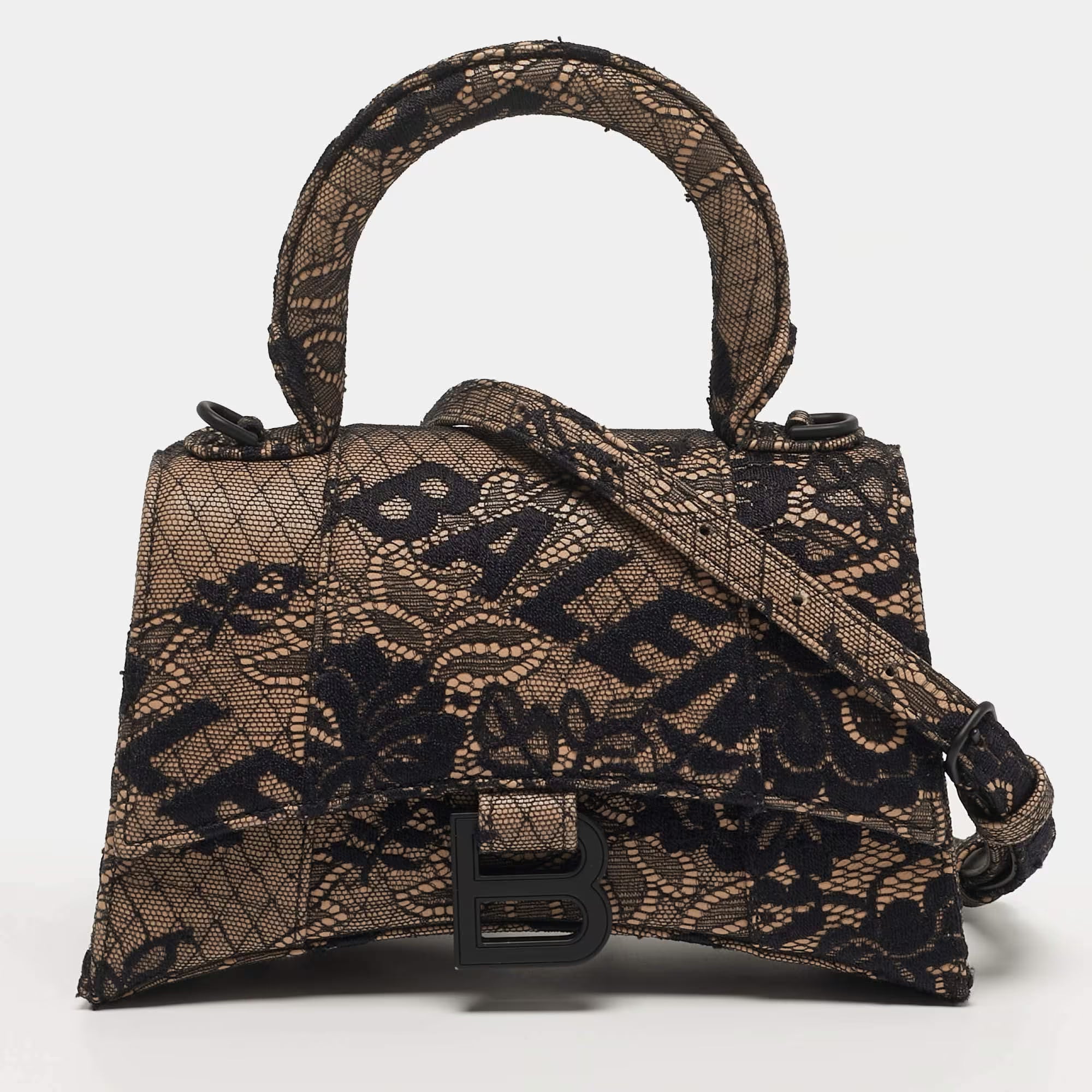 Balenciaga Hourglass XS Black/Nude Lace and Leather Top Handle Bag