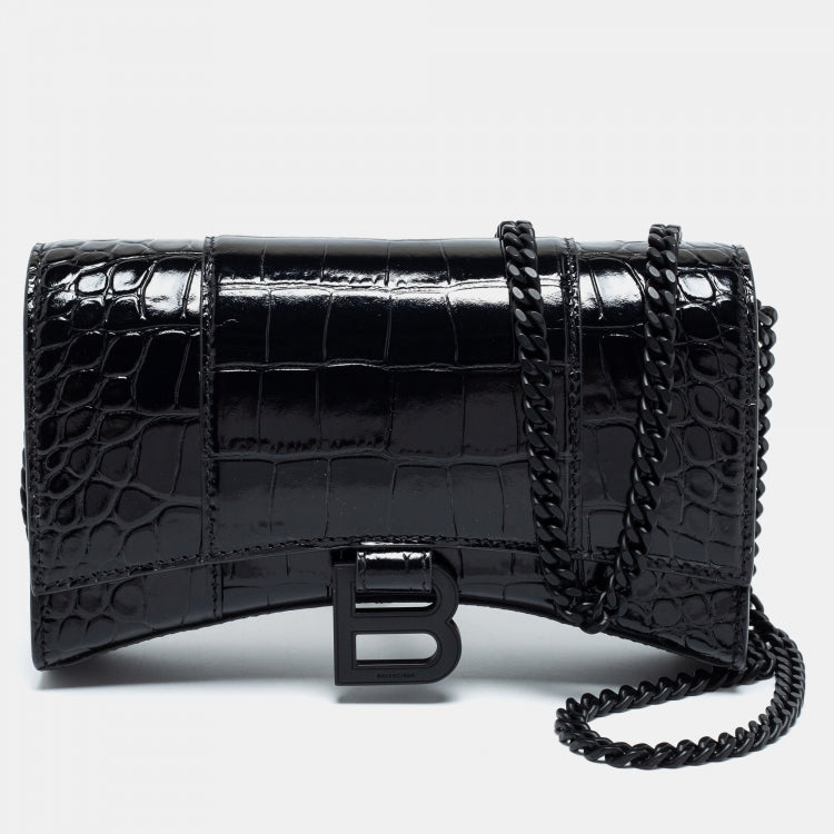 Balenciaga Black Croc Embossed Leather Hourglass Wallet On Chain