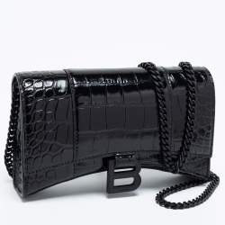 Balenciaga Black Croc Embossed Leather Hourglass Wallet On Chain
