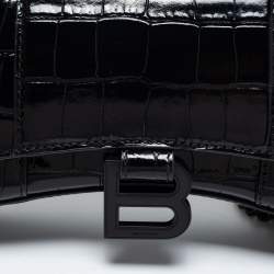 Balenciaga Black Croc Embossed Leather Hourglass Wallet On Chain