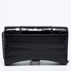 Balenciaga Black Croc Embossed Leather Hourglass Wallet On Chain