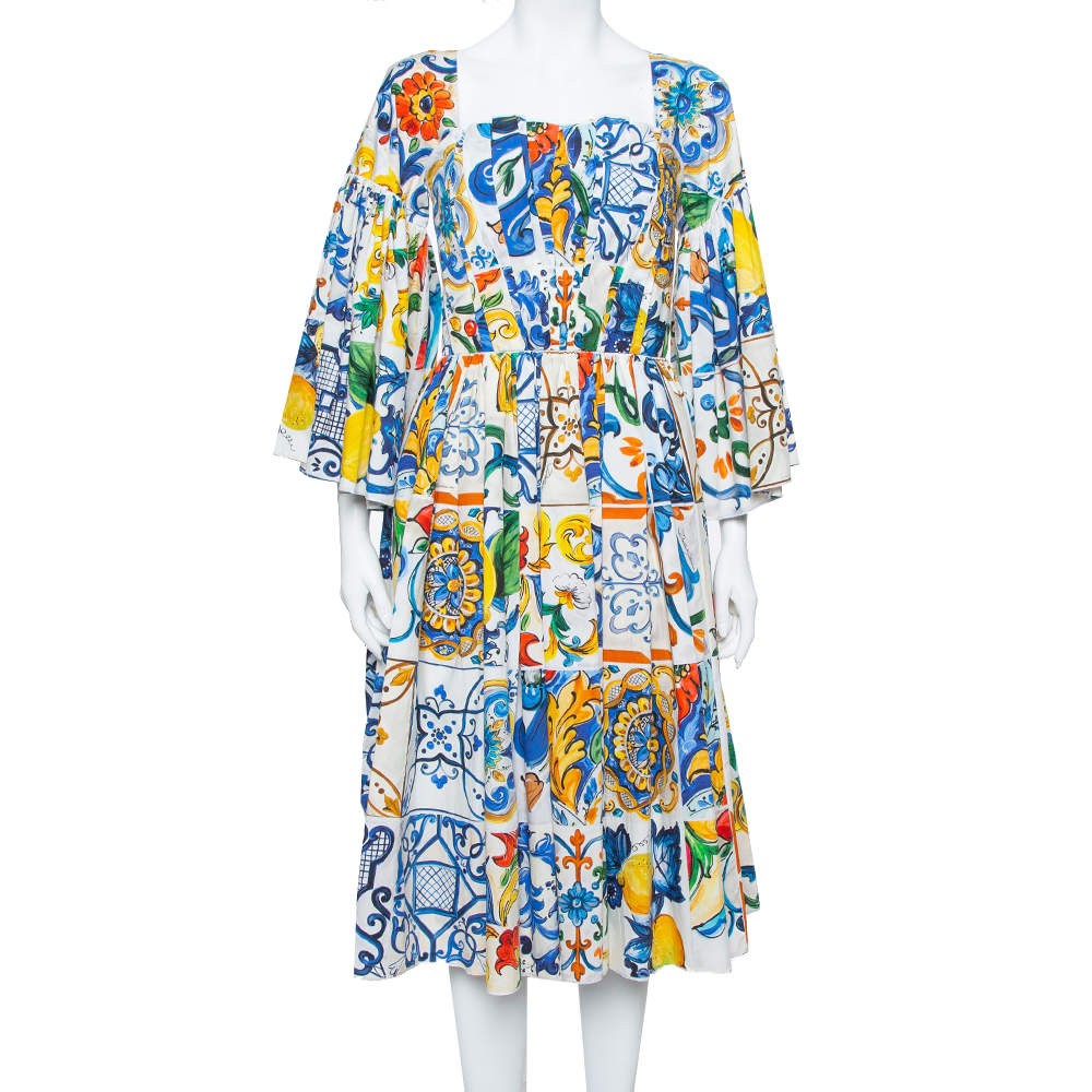 Dolce & Gabbana Multicolor Majolica Printed Cotton Flared Midi Dress