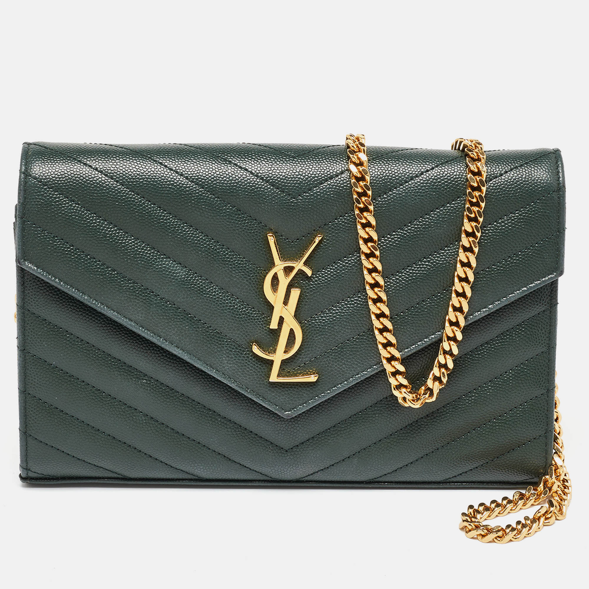 Saint Laurent Dark Green Chevron Quilted Leather Envelope Flap Crossbody Bag