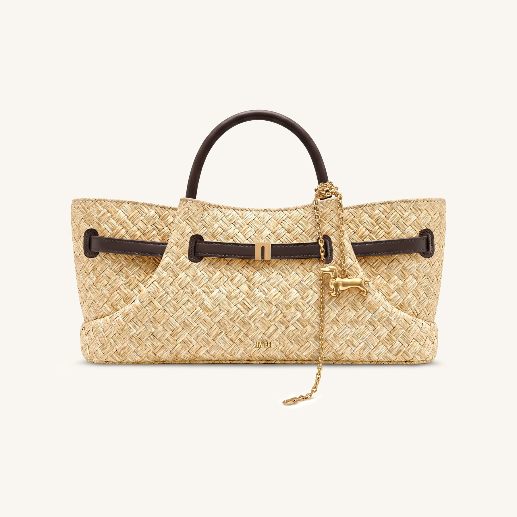 Maeve Faux Straw Dachshund Metal Charm Tote Bag - Brown