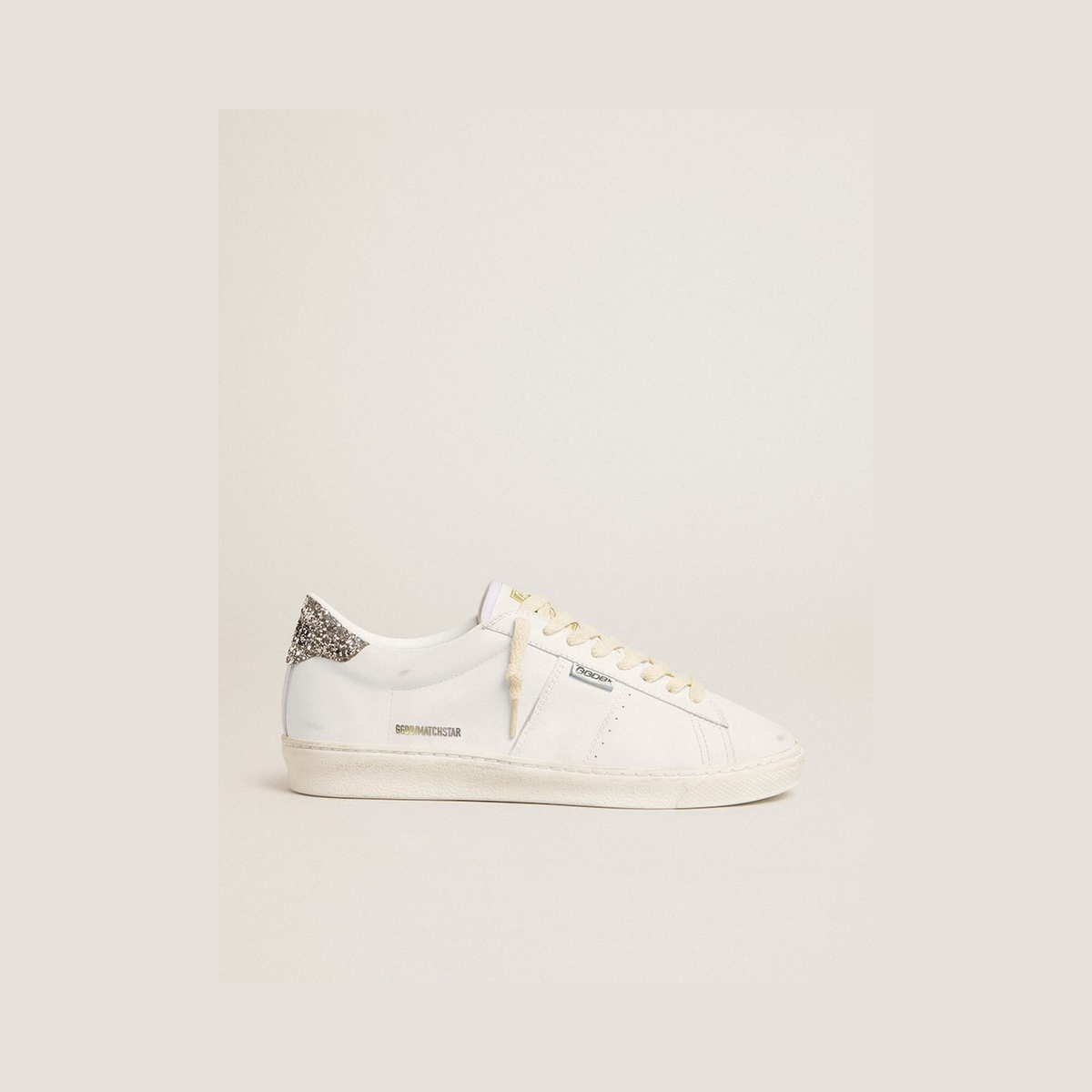 Matchstar in white leather with silver glitter heel tab