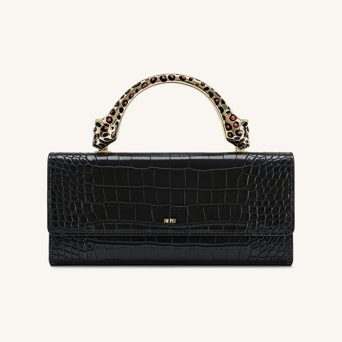 Maya Leopard-Shaped Hardware Handle Top Handle Bag - Black Croc