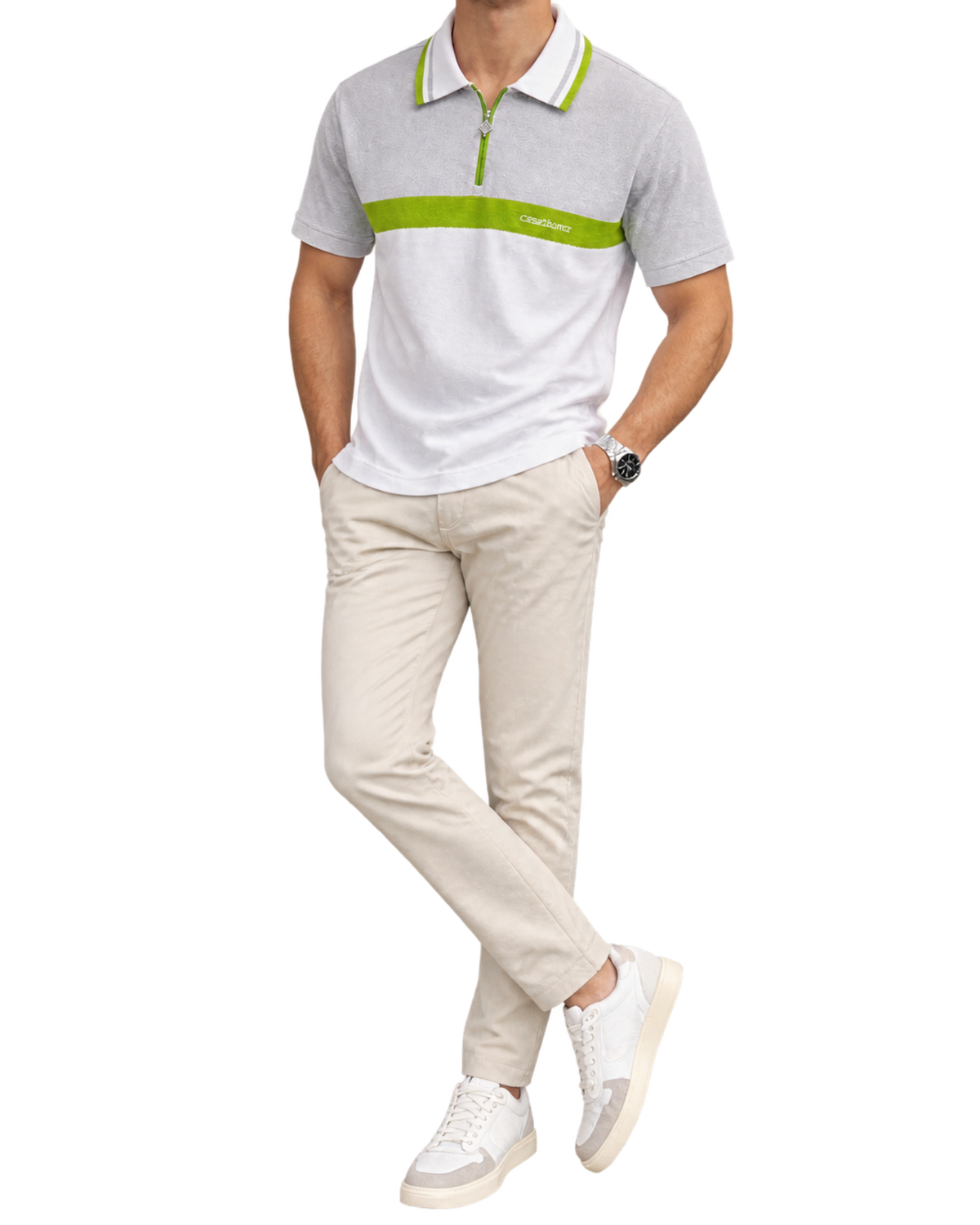 Men White Chest Stripe Half Zip Polo