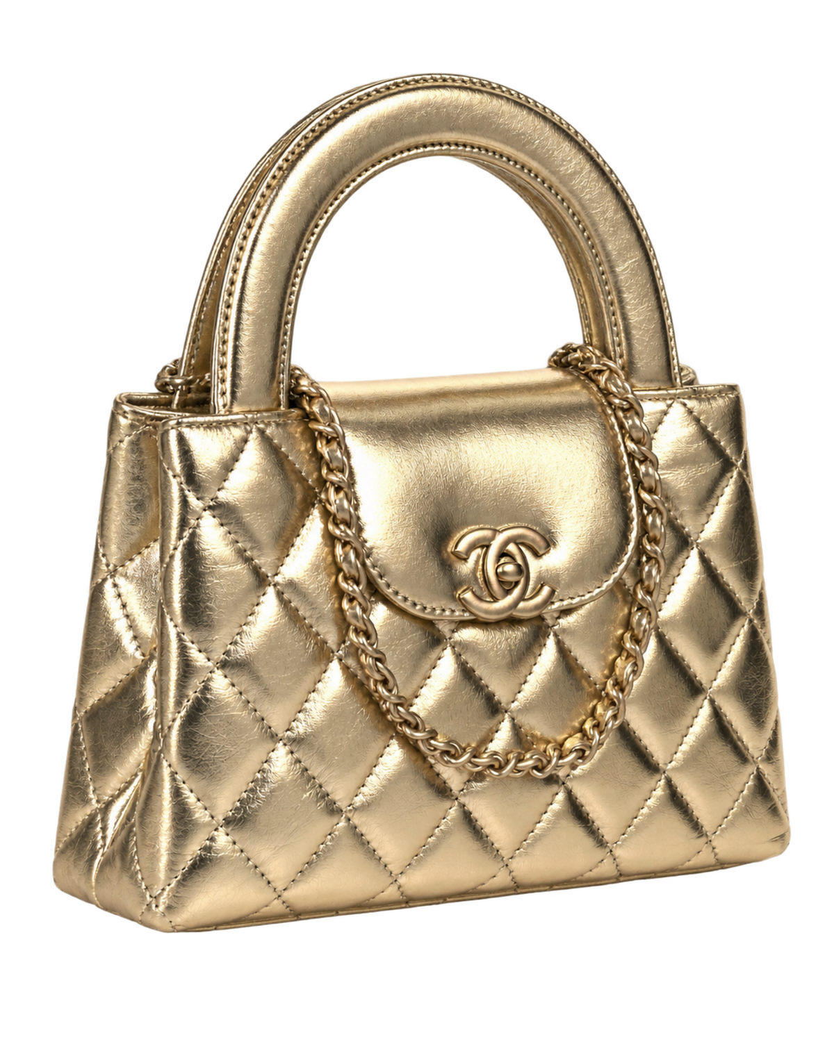 Metallic Shiny Aged Calfskin Quilted Nano Kelly Shopper Gold