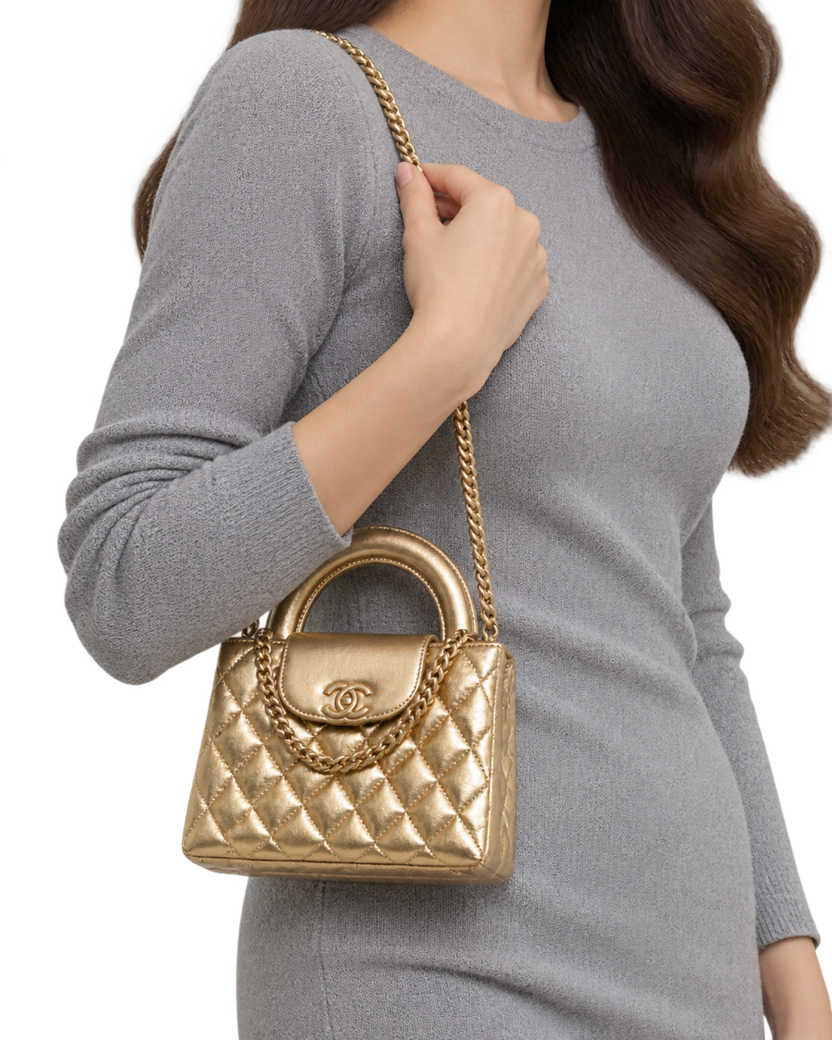 Metallic Shiny Aged Calfskin Quilted Nano Kelly Shopper Gold