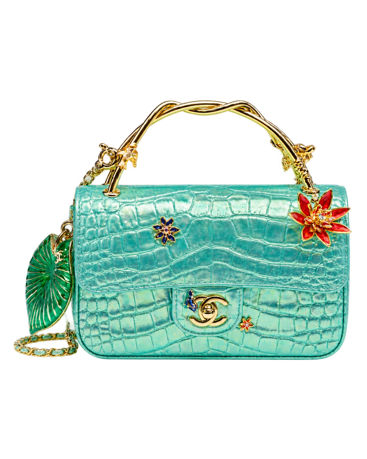 Mini Classic Handbag With Top Handle Crocodile Embossed Iridescent Calfskin, Enamel & Gold-Tone Metal Turquoise