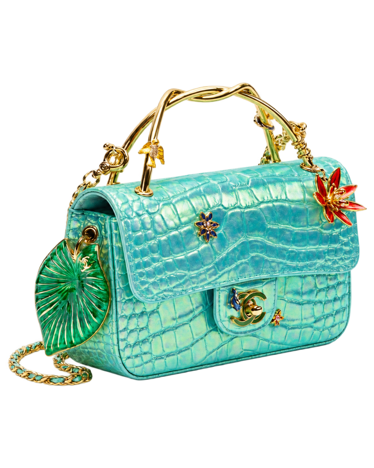 Mini Classic Handbag With Top Handle Crocodile Embossed Iridescent Calfskin, Enamel & Gold-Tone Metal Turquoise