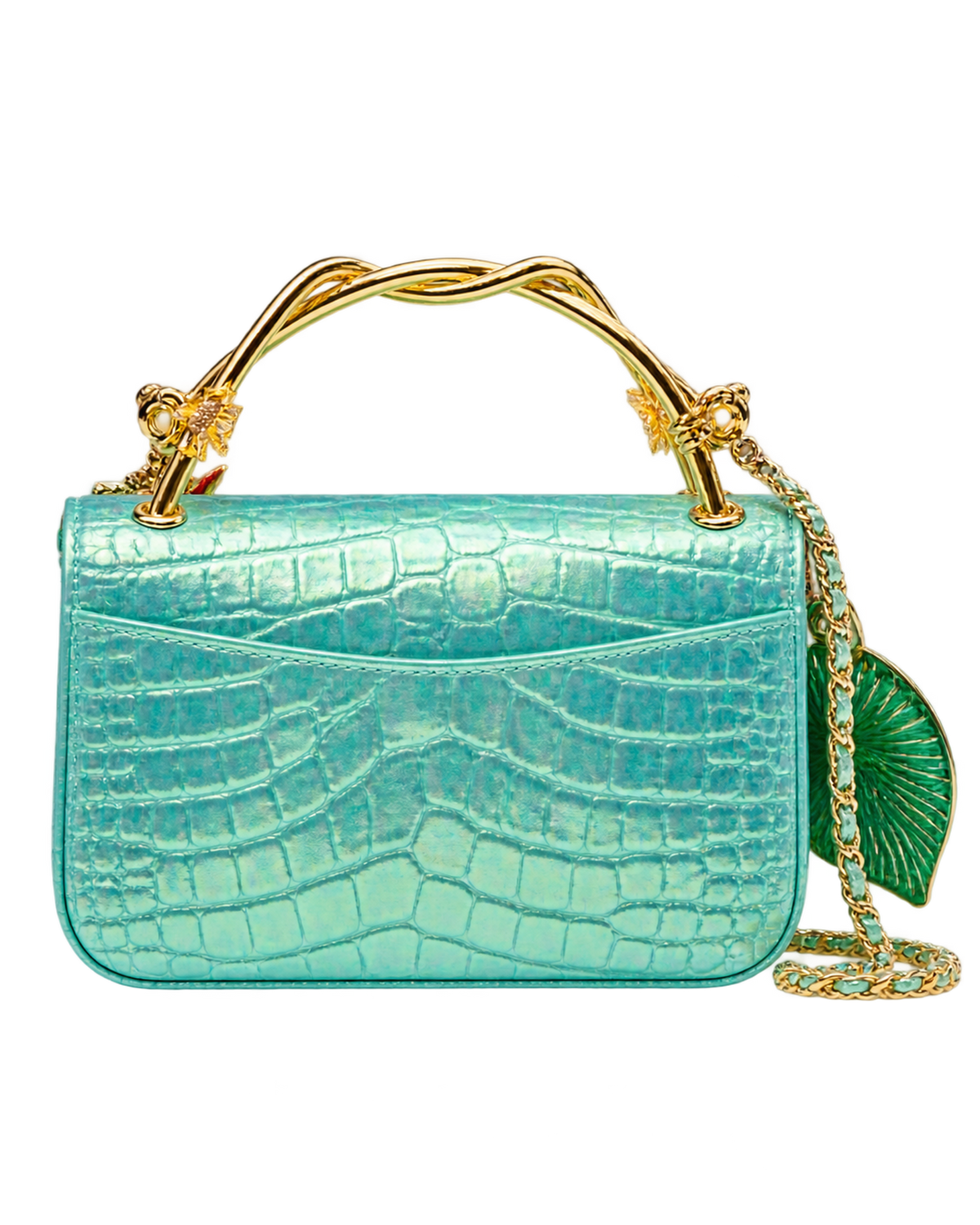 Mini Classic Handbag With Top Handle Crocodile Embossed Iridescent Calfskin, Enamel & Gold-Tone Metal Turquoise