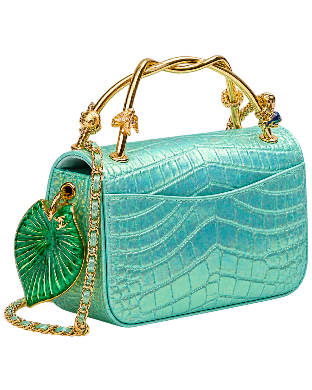 Mini Classic Handbag With Top Handle Crocodile Embossed Iridescent Calfskin, Enamel & Gold-Tone Metal Turquoise