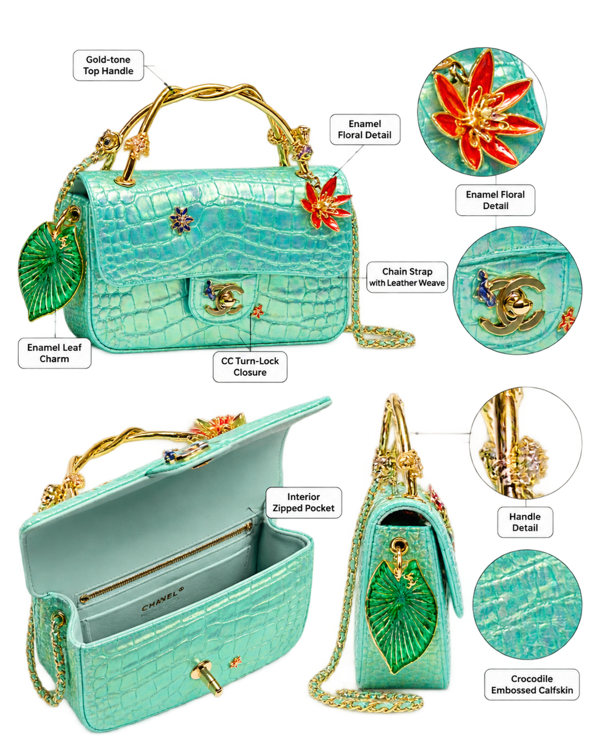 Mini Classic Handbag With Top Handle Crocodile Embossed Iridescent Calfskin, Enamel & Gold-Tone Metal Turquoise
