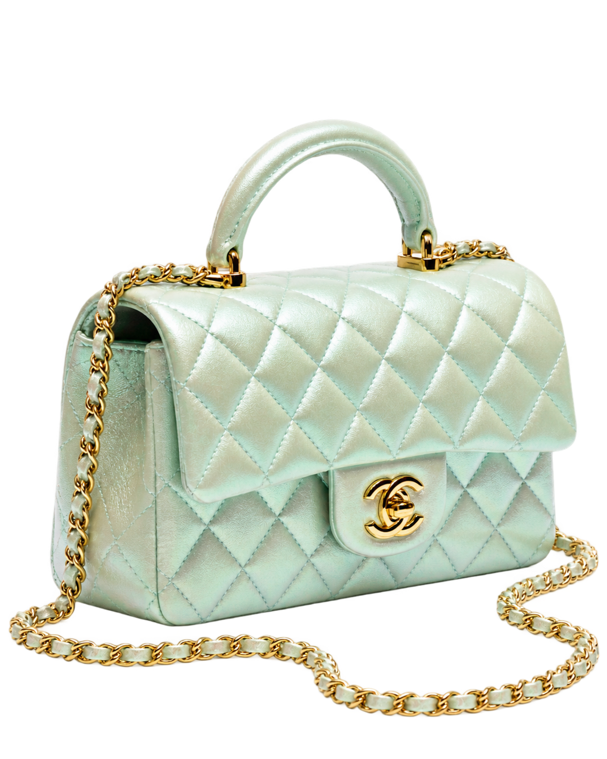 Mini Classic Handbag With Top Handle Iridescent Calfskin & Gold-Tone Metal Light Green