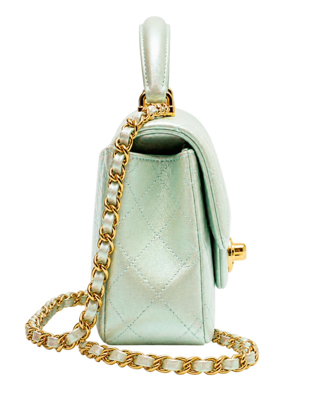 Mini Classic Handbag With Top Handle Iridescent Calfskin & Gold-Tone Metal Light Green